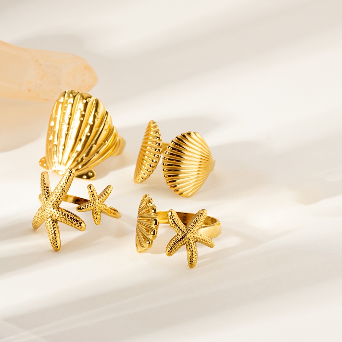 4pcs Ocean-Themed Starfish and Seashell Adjustable Ring Set for Women